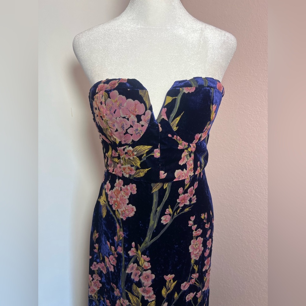 Bloom In Mind Navy Blue Floral Print Velvet Strapless Maxi Dress *Damaged - Picture 2 of 14